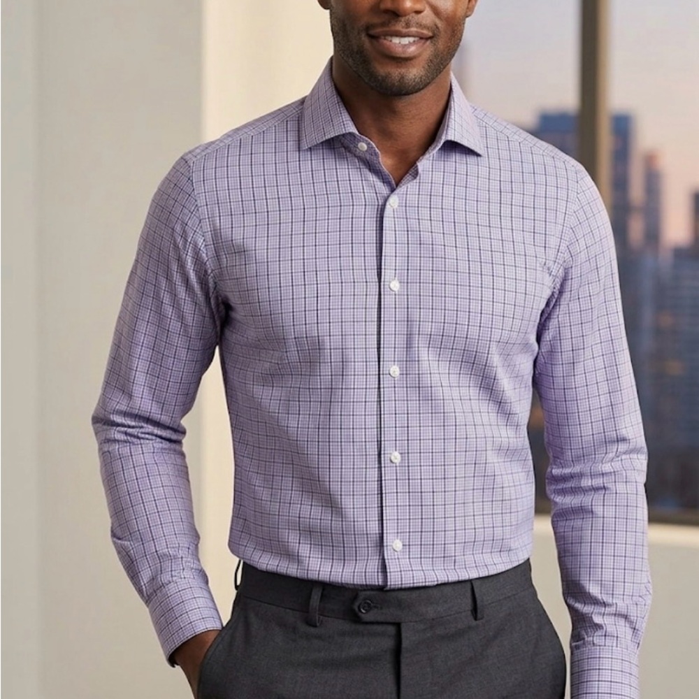 HUGO BOSS Sharp Fit Long Sleeve Shirt Purple Blue White Plaid Men S 38” chest